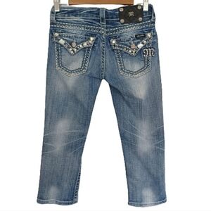 MISS ME Studded Embellished Gemstone Distressed Casual Blue Jeans Capri Pants